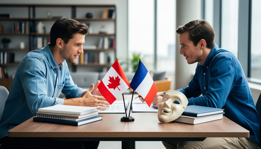Canadian and French researchers collaborate at a modern table with small national flags, stacks of unbranded journals, and a subtle theater mask under soft daylight, with bookshelves and a windowed studio softly blurred in the background.