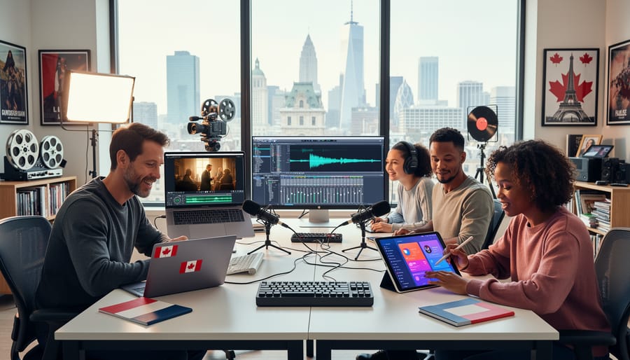 Vibrant urban creative district showing film production and cultural activities