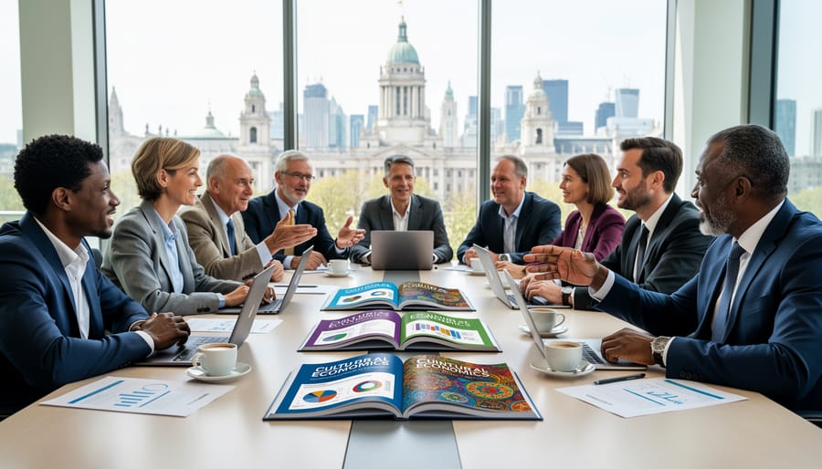 Diverse group of academics and policymakers collaborating at conference table with research materials