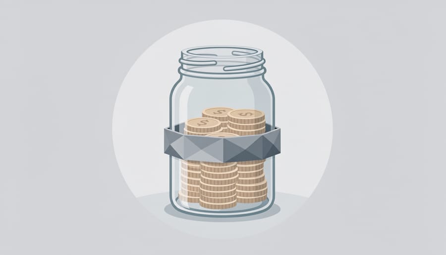 Glass jar with dark coins and a frayed string-like barrier around the opening in dramatic lighting