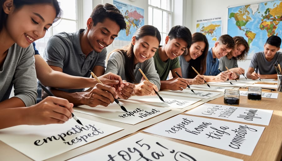 Diverse group of university students sharing a table with calligraphy brushes and ceramics during a Japanese cultural exchange activity