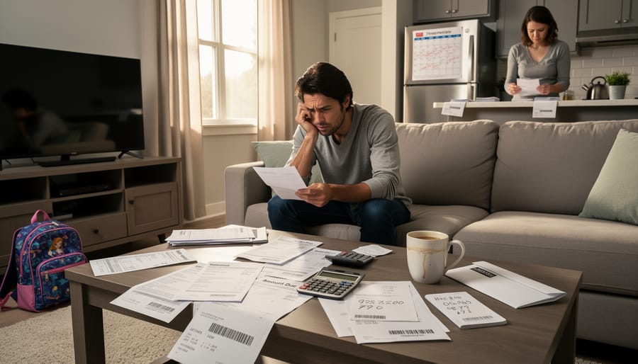 Overhead view of household bills and a crumpled receipt on a kitchen table with no readable numbers