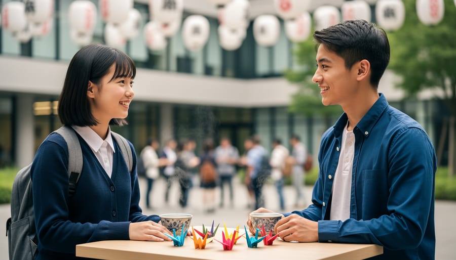 Two participants from different backgrounds share tea and conversation at a cultural exchange table with Japanese cultural items, symbolizing mutual understanding and multicultural dialogue.