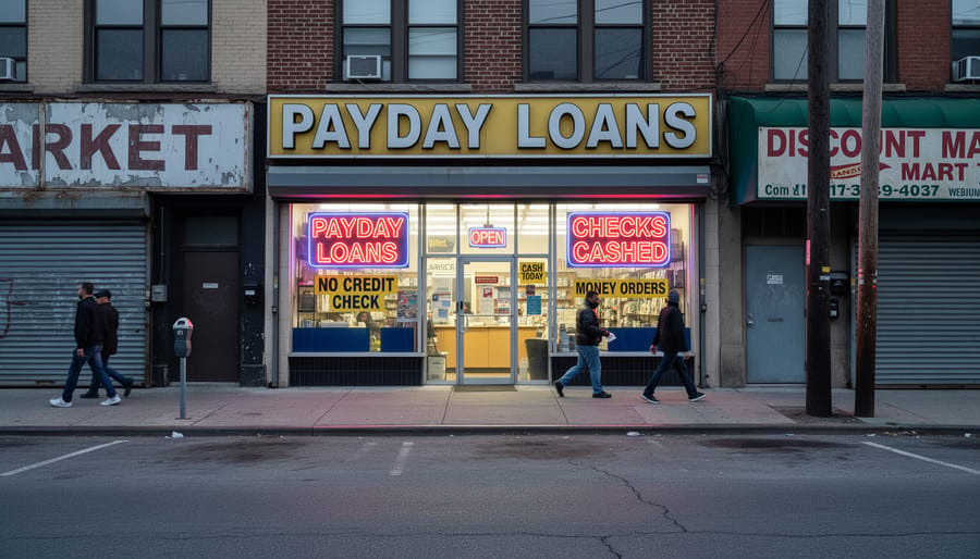 Facade of a small lending storefront in a Canadian street scene, photographed from across the sidewalk