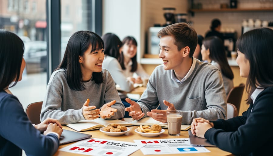 Two people exchanging a small item and talking during a Japanese-Canadian cultural exchange in a park