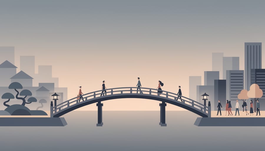 Wooden bridge over a calm river at dusk with warm glowing paper lantern reflections