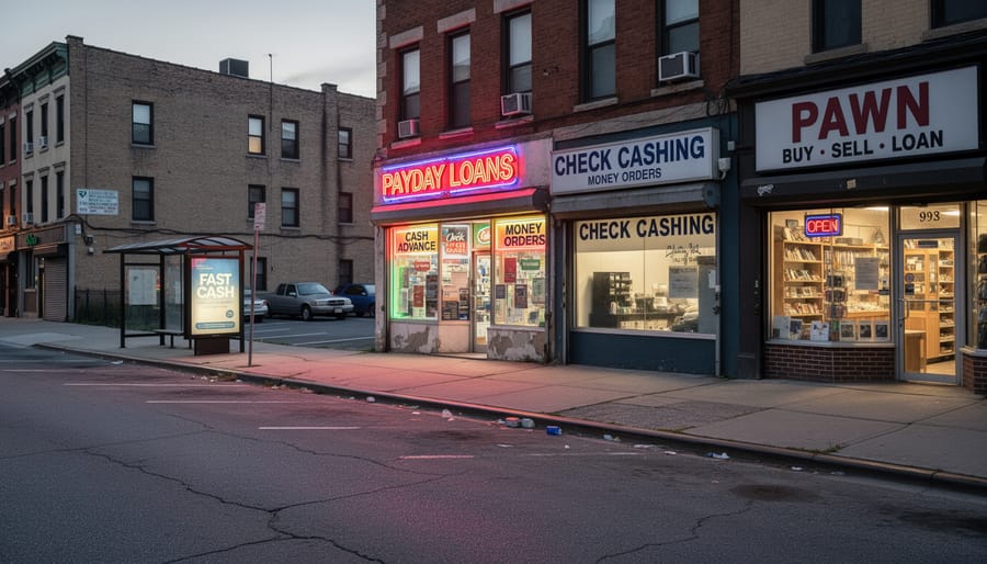 Street-level view of a small storefront row in a Canadian working-class neighborhood at dusk