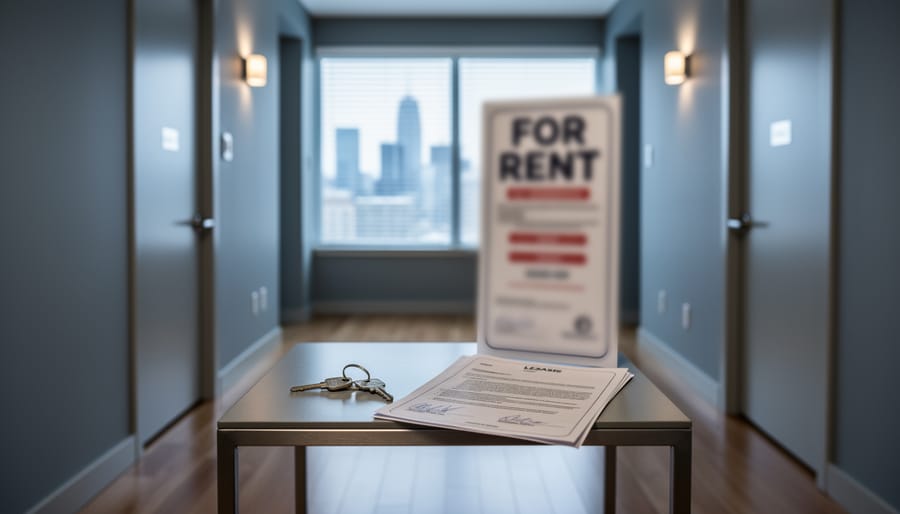 Close-up of a key and open lease document on a table in a modern Canadian condominium hallway with a blurred city view in the background.