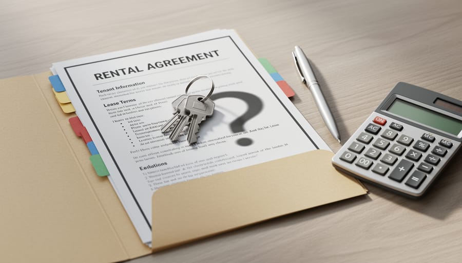 Close-up of condominium keys and a lease folder on a kitchen table by a window