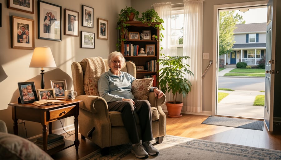 Older adult seated in a bright living room near a window with plants and photo frames
