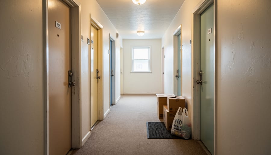 Photo of an apartment hallway corridor with doors and windows in a Canadian-style building