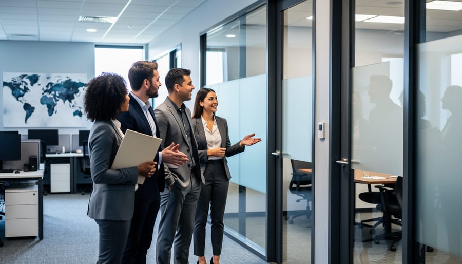 Diverse business team standing in a modern office hallway near two open conference-room doors, symbolizing cross-cultural collaboration and meeting preparation.