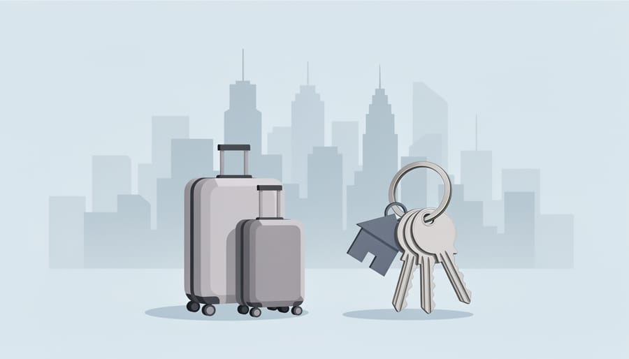 Suitcase and keys on the ground with a blurred city high-rise skyline in the background