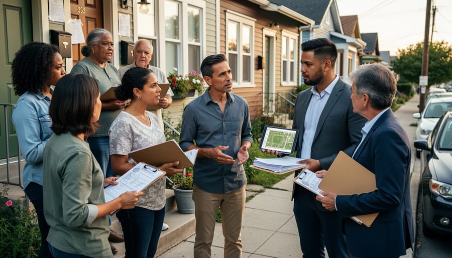 Tenants standing together outside homes holding paperwork with text not readable