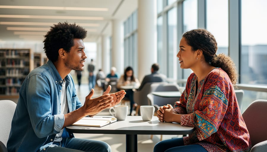 Two people talking and listening in a café, symbolizing cross-cultural communication.