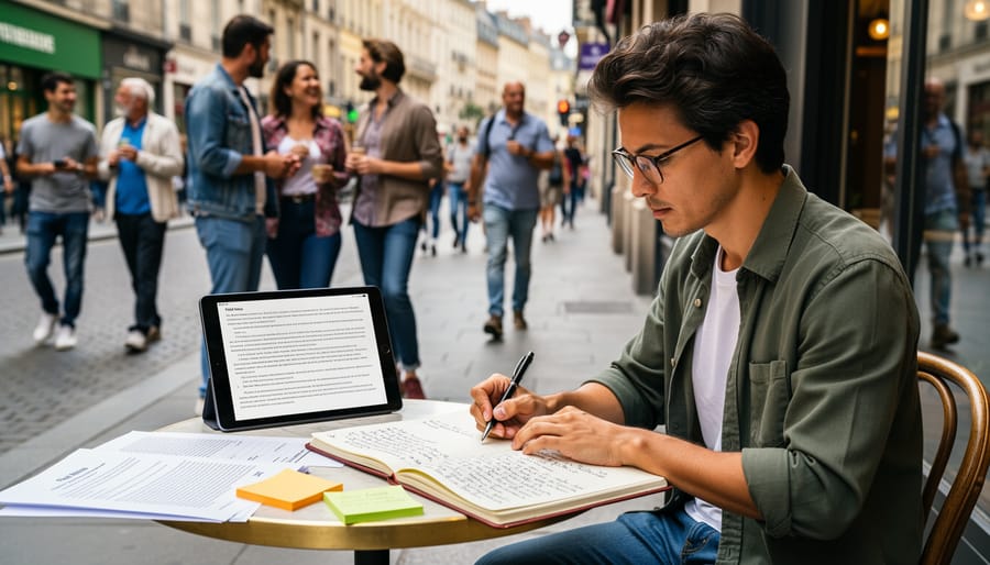 A researcher kneeling with a notebook and laptop near people in a park, suggesting observational fieldwork.