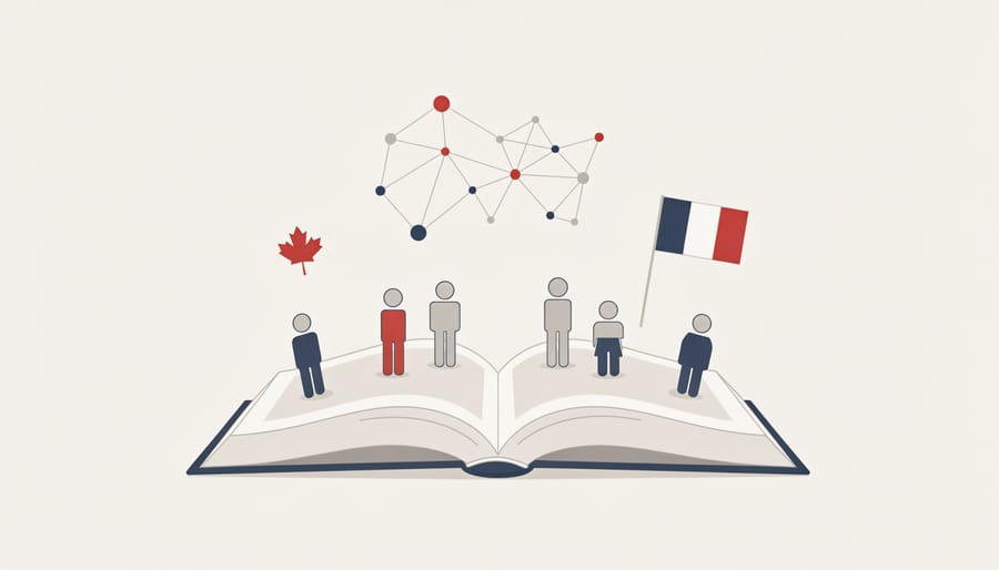 Open book with small symbolic cultural objects on a desk representing cross-cultural academic exchange.