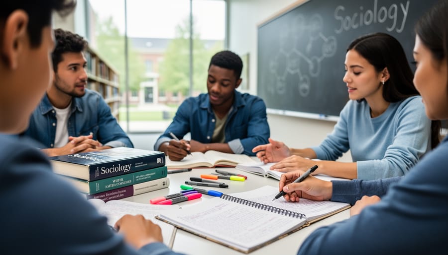 Diverse sociology students collaborating at a university study table with open books and notebooks, photographed in a bright campus library setting.