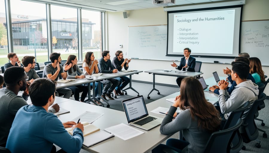 Students and a professor in a university classroom engaged in a sociological discussion.