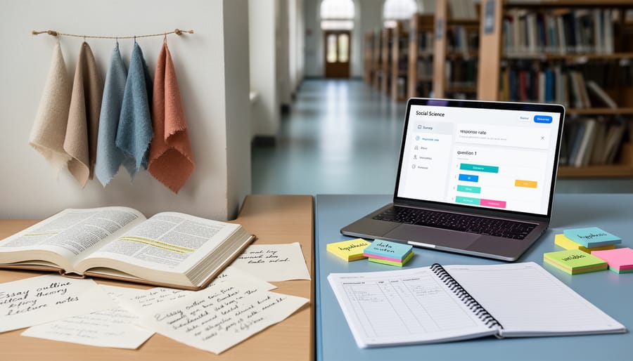 Desk with books and study notes in the foreground, with a blurred university corridor in the background, conveying the humanities and social-science overlap in sociology.