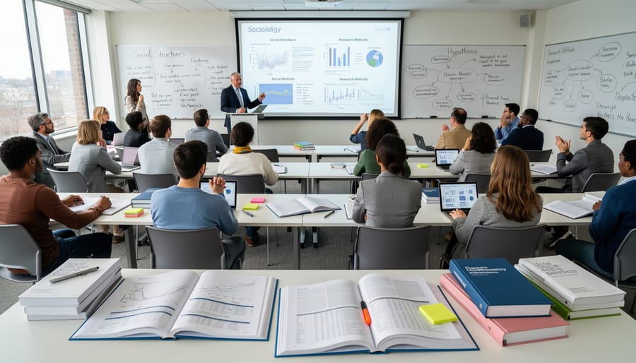 Students in a Canadian university classroom taking notes during a sociology-style discussion.