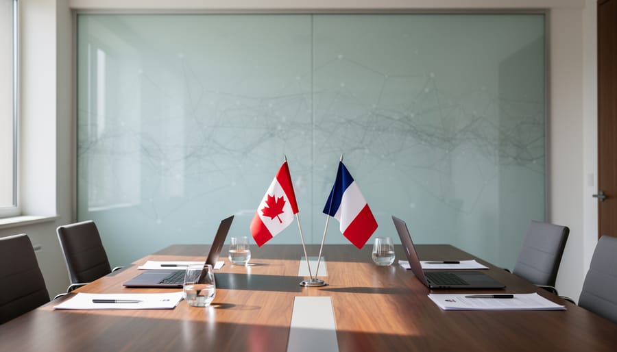 Canada and France flags resting on a wooden table with policy-related items like a notebook and eyeglasses