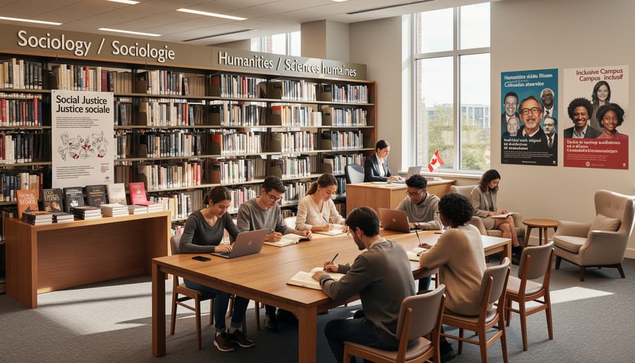 University library reading area with books and notebook in a bilingual learning environment.