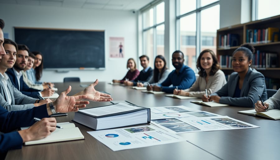 Graduate students and a sociology researcher in a university classroom discussing open notebooks and research materials in a scholarly setting.