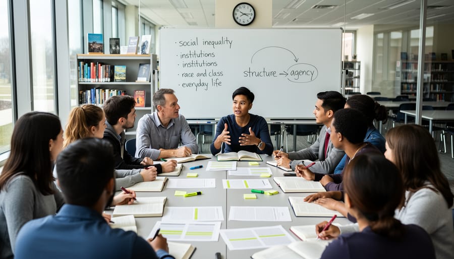 Students in a university seminar room discussing sociology materials around a table.