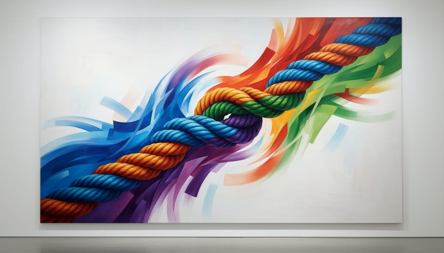 Close-up of a braided rope made from three different fiber textures representing cultural blending.