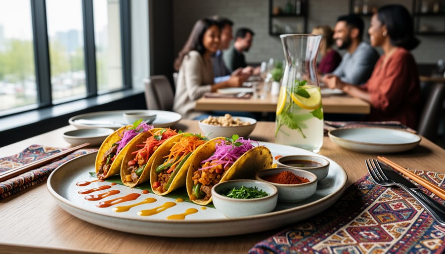 Close view of a shared fusion meal on a restaurant table with diners passing food.