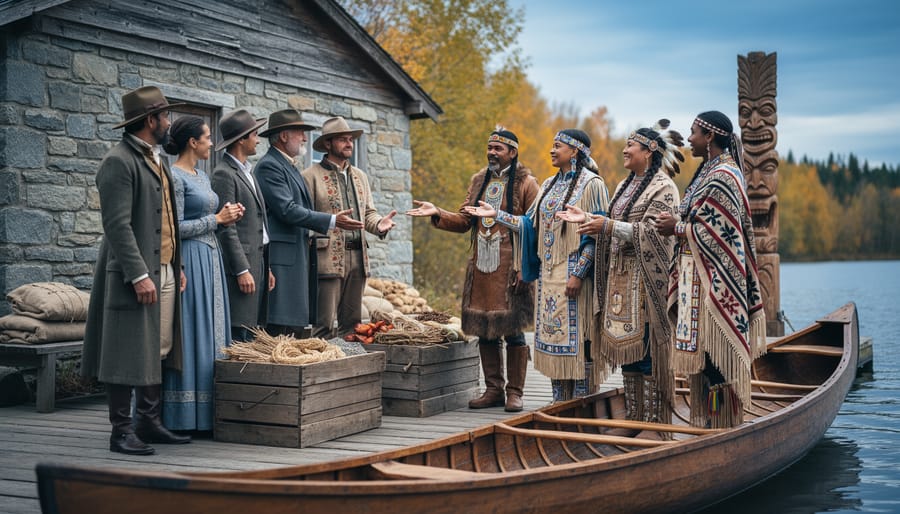 Two groups representing different cultural traditions meet at a historical-style dock and stone building, suggesting cultural exchange that produces a new shared understanding.